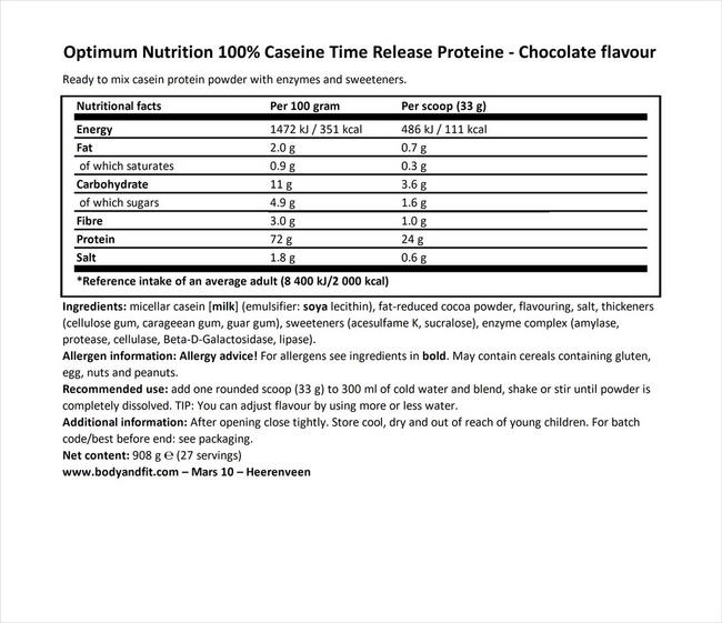 Gold Standard 100% Casein Nutritional Information 1