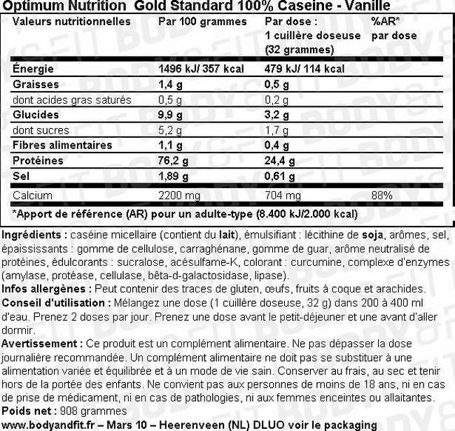 Protéine à absorption lente : Gold standard 100% Caseine Nutritional Information 1