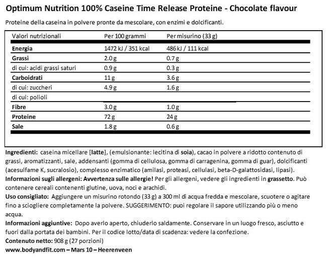 Gold Standard 100% Casein Nutritional Information 1