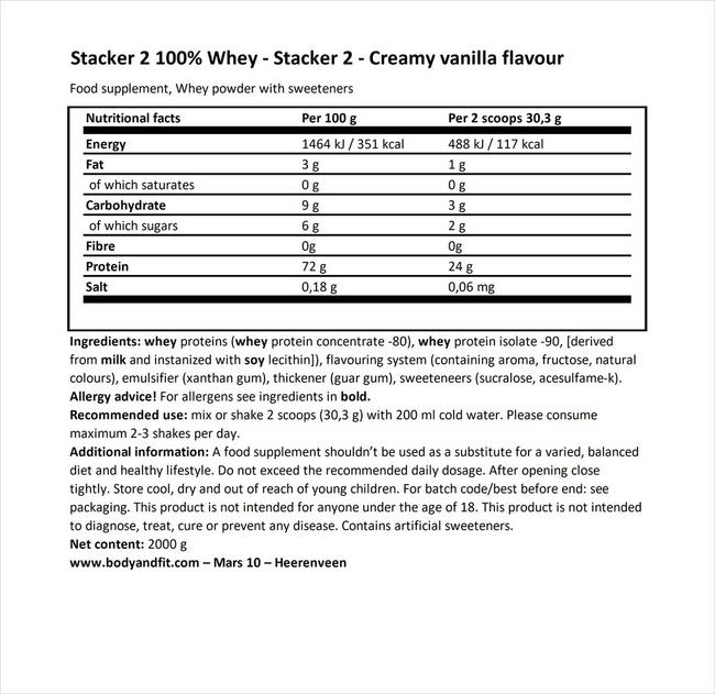 100% Whey Nutritional Information 1