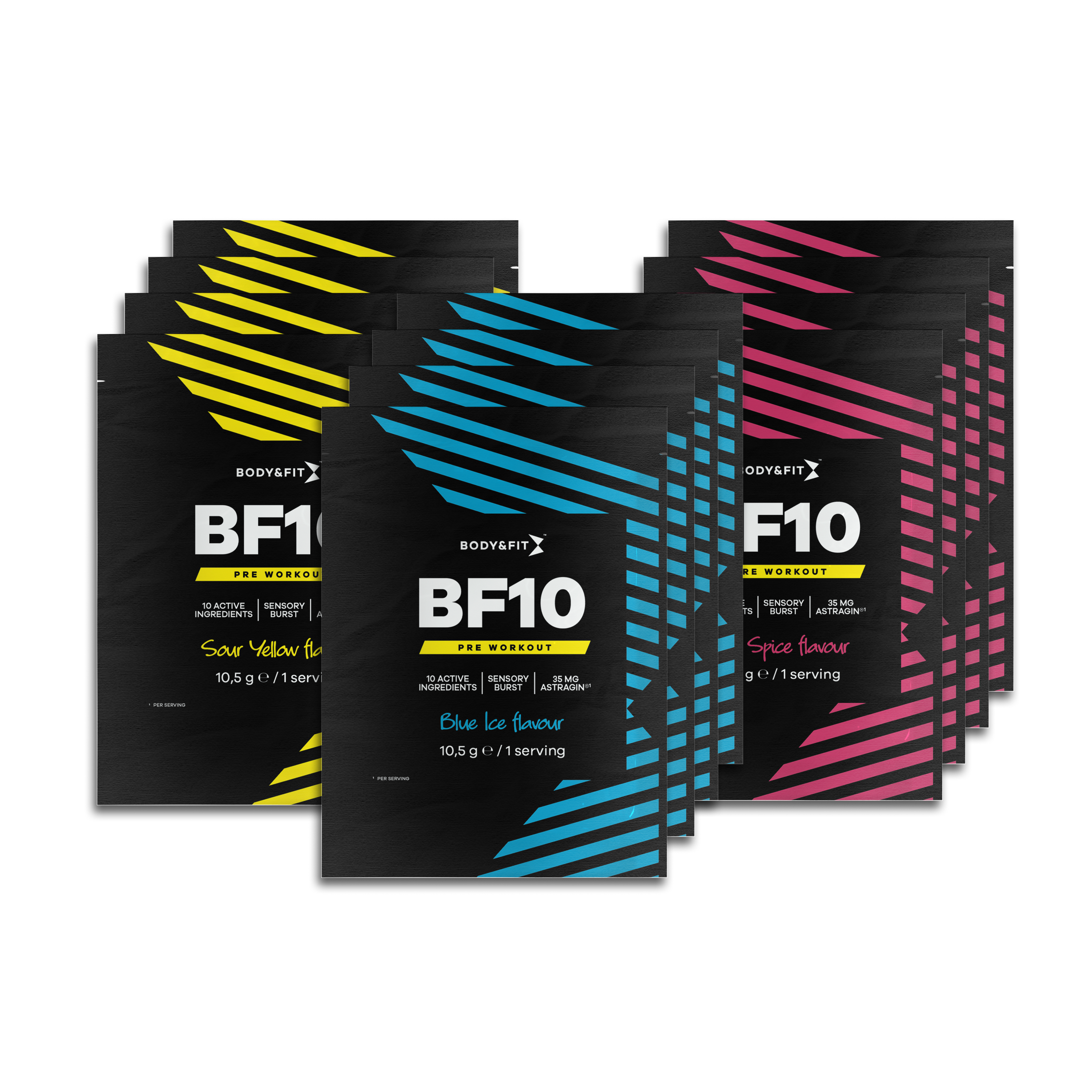 Body & Fit BF10 Pre Workout Sachets - Pre-Workout met Cafeïne - Blue Ice, Sour Yellow, Red Spice - 12 servings (126 gram)