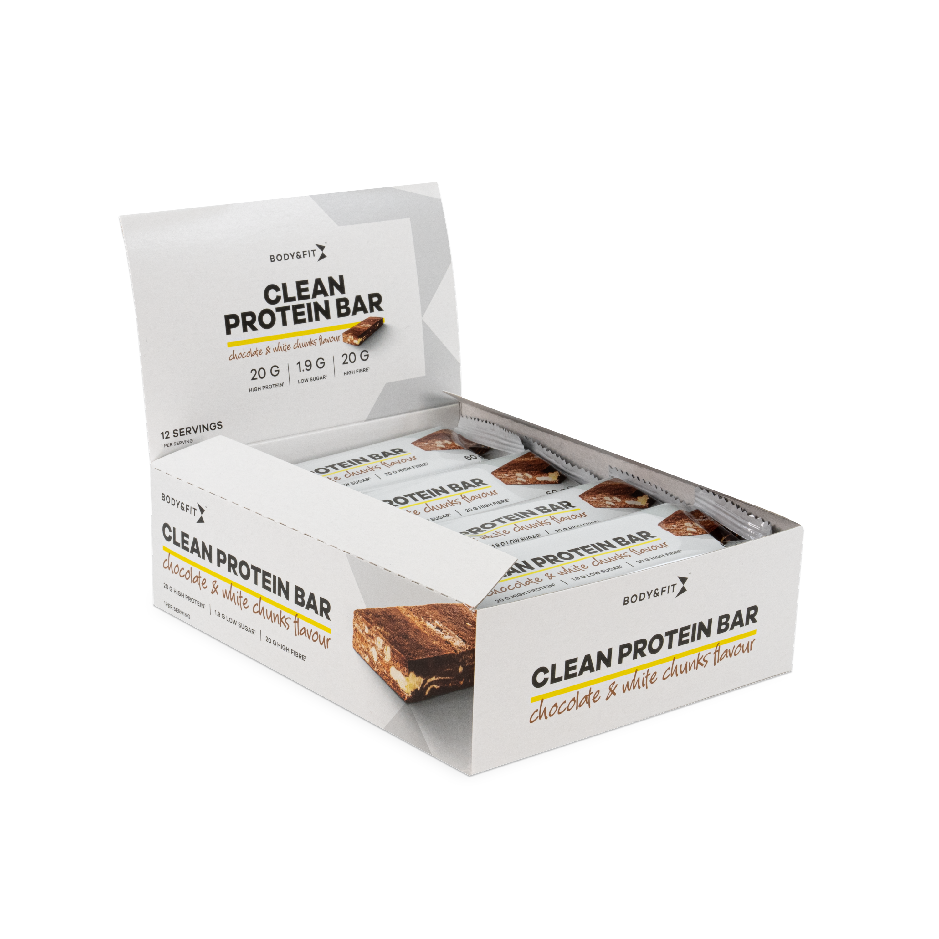 Body & Fit Clean Protein Bars - Proteïne Repen / Eiwitrepen -  Chocolate & White Chunks - 12 stuks