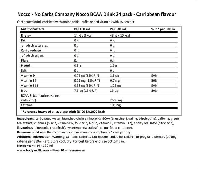 Nocco BCAA ドリンク Nutritional Information 1