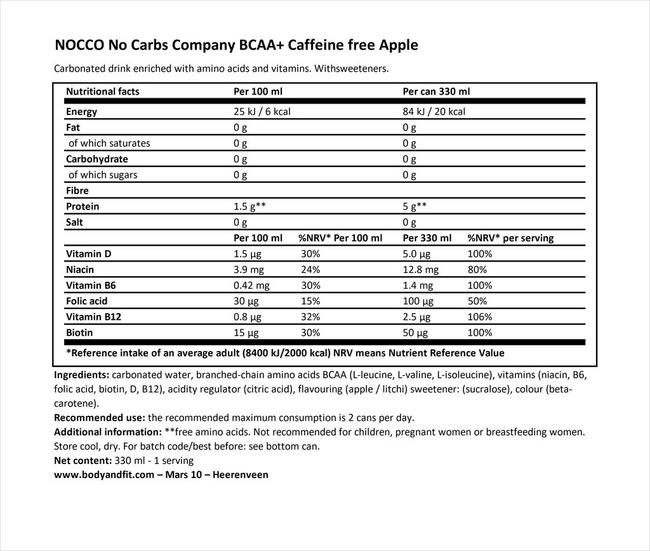 Nocco BCAA+ ドリンク（カフェインフリー） Nutritional Information 1