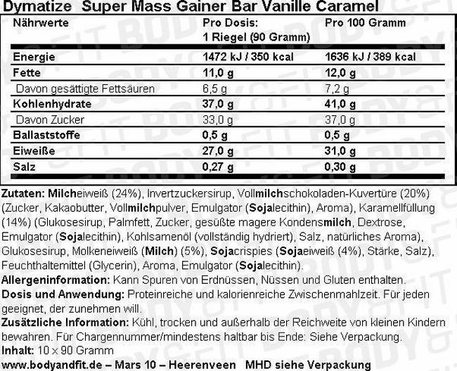 Super Mass Gainer Bar (10X90g) Nutritional Information 1