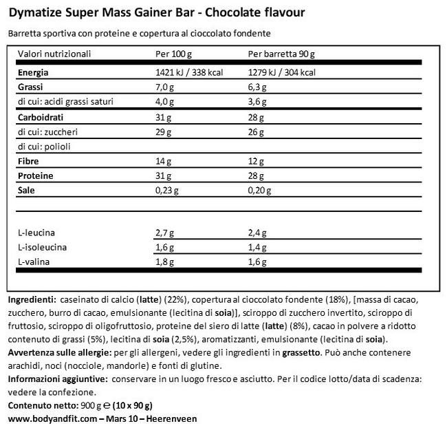 Super Mass Gainer Bar Nutritional Information 1