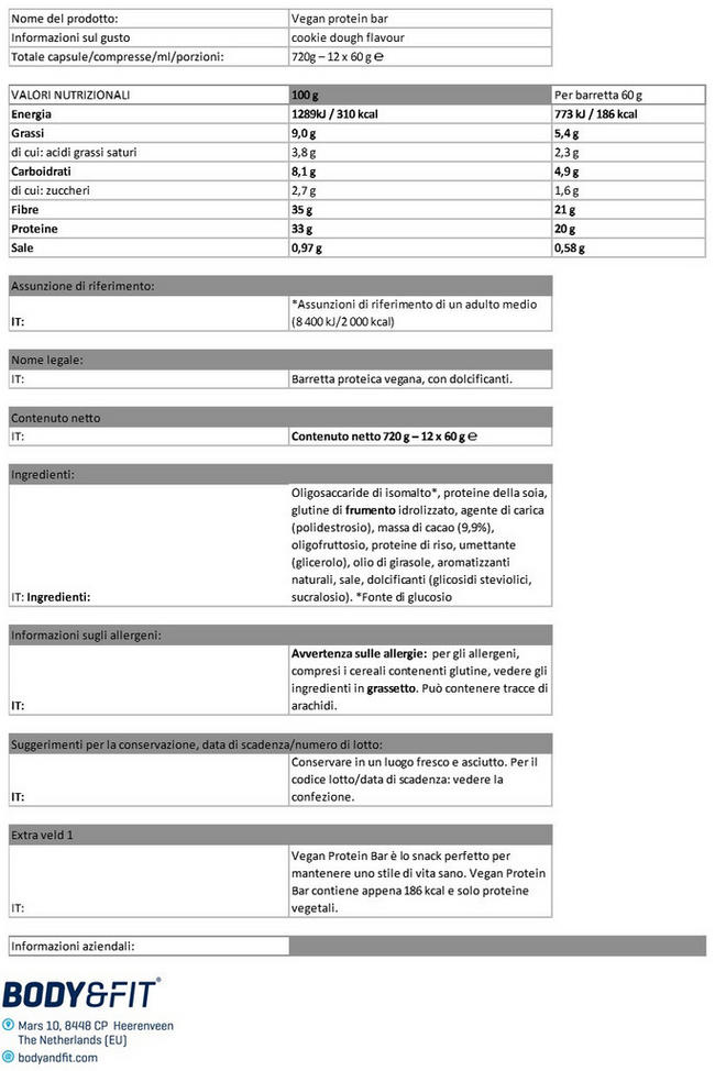 Vegan Protein Bar Nutritional Information 1