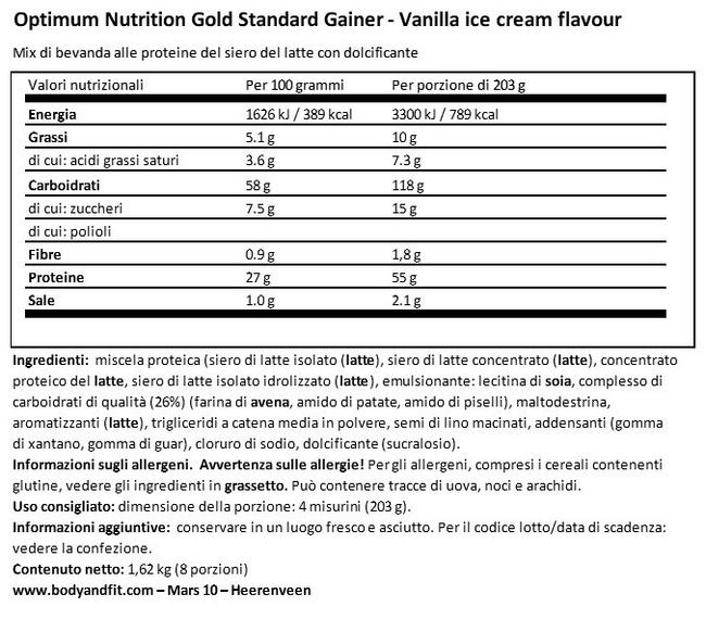 Gold Standard Gainer Nutritional Information 1