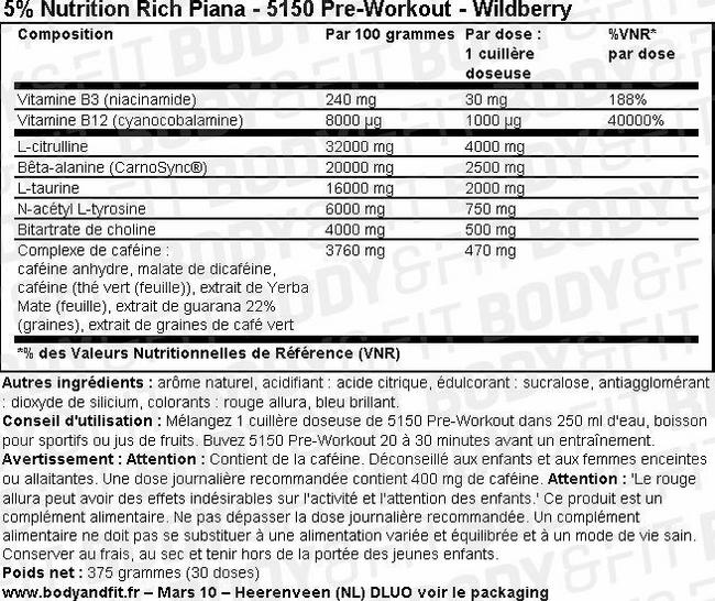 5150 PRE-WORKOUT LEGENDARY SERIES Pre-Workout Nutritional Information 1