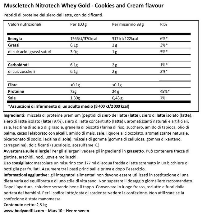 Nitrotech Whey Gold Nutritional Information 1
