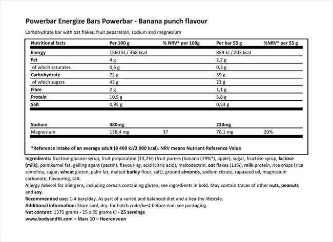 Energize Bar Nutritional Information 1