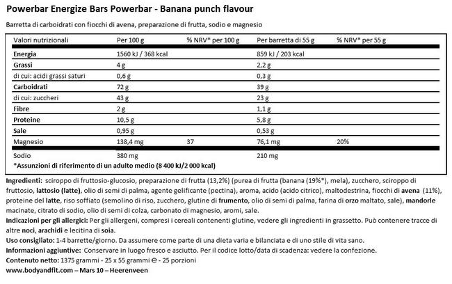 Energize Bar Nutritional Information 1