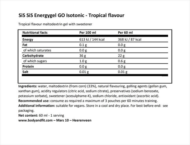 GO Energy Gel Isotonic Nutritional Information 1