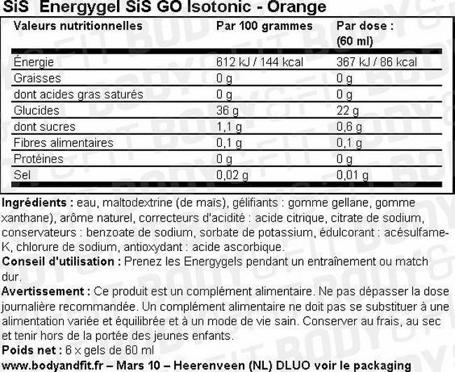 Gel énergétique isotonique GO Energy Gel Isotonic Nutritional Information 1