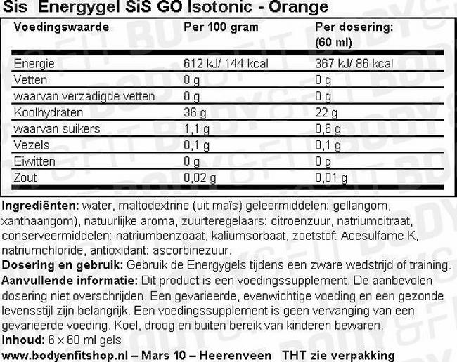 SiS Energygel GO Isotonic Nutritional Information 1