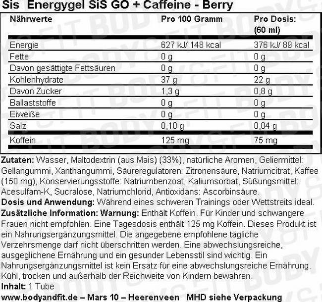 SiS Energygel GO + Caffeine Nutritional Information 1