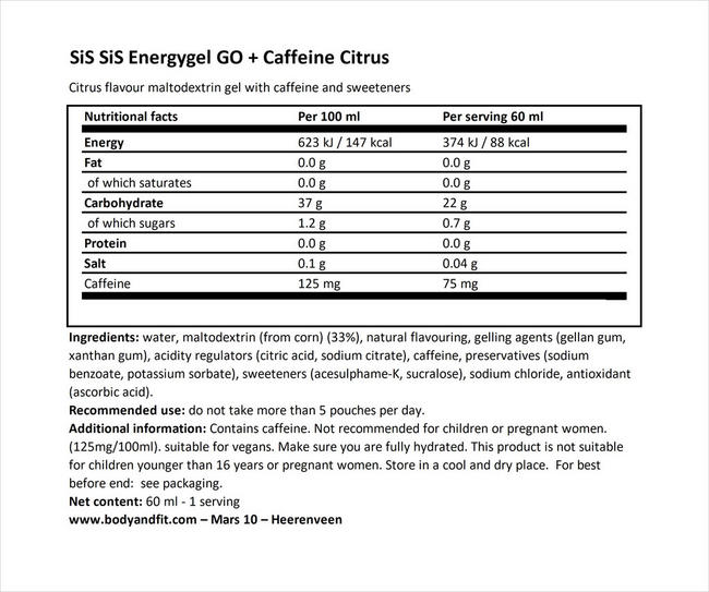 GO Energy Gel  + Caffeine Nutritional Information 1