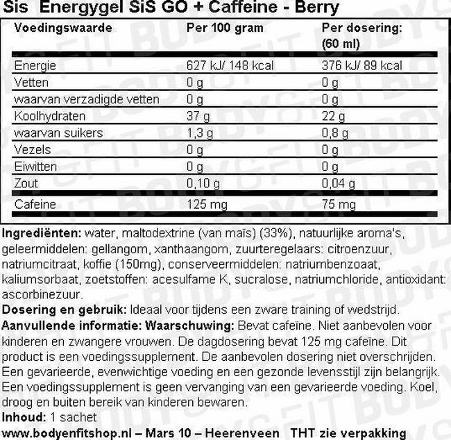 SiS Energygel GO + Caffeine Nutritional Information 1