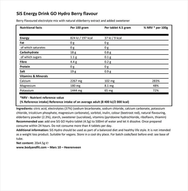 SiS Energy drink GO Hydro Nutritional Information 1