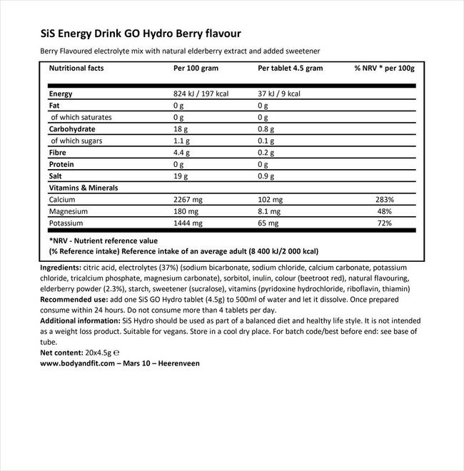SiS Energy drink GO Hydro Nutritional Information 1