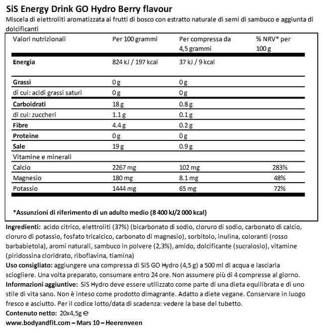 SiS Energy drink GO Hydro Nutritional Information 1