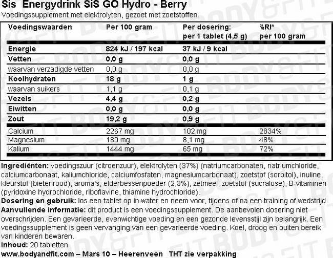 SiS Energy drink GO Hydro Nutritional Information 1