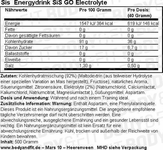 SiS Energydrink GO Electrolyte Nutritional Information 1
