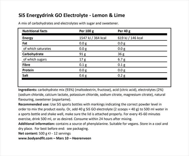 SiS Energy drink GO Electrolyte Nutritional Information 1