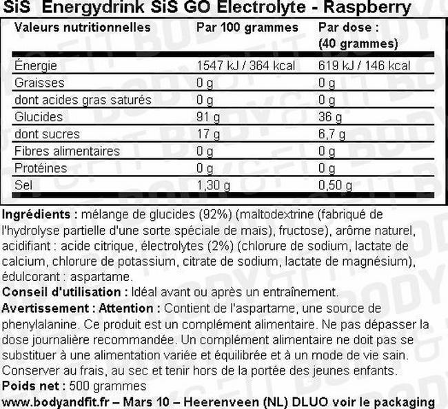 Boisson énergétique SiS Energy Drink GO Electrolyte Nutritional Information 1