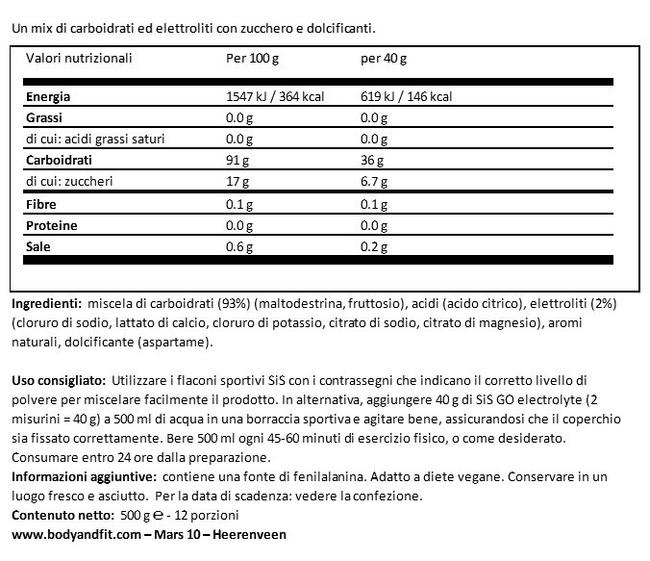 SiS Energy drink GO Electrolyte Nutritional Information 1