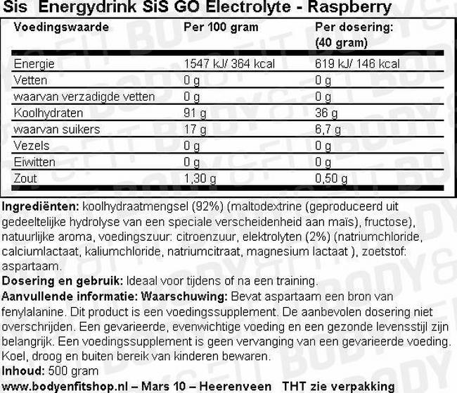 SiS Energydrink GO Electrolyte Nutritional Information 1