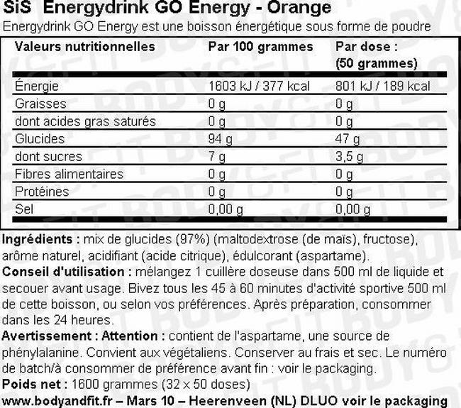 Boisson énergétique SiS Energy Drink GO Energy Nutritional Information 1