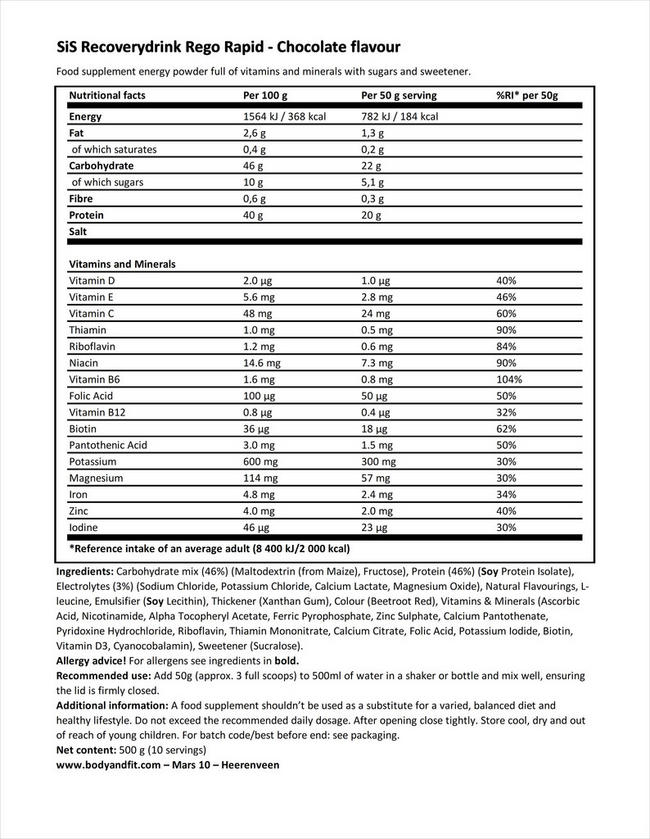 Rego Rapid Recovery Nutritional Information 1