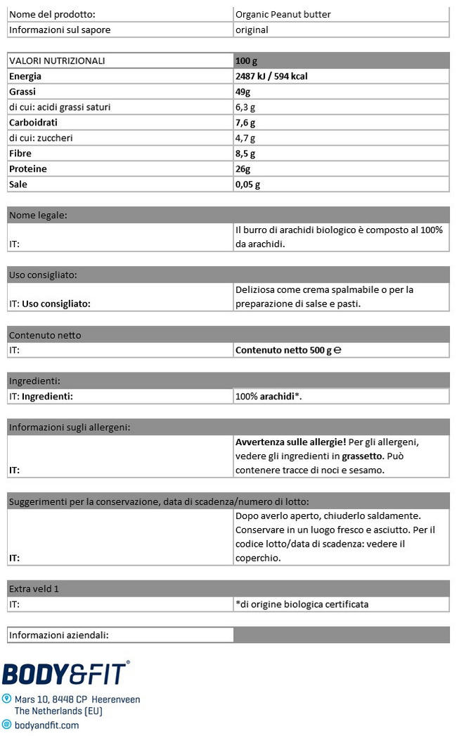 Burro di Arachidi Biologico Nutritional Information 1