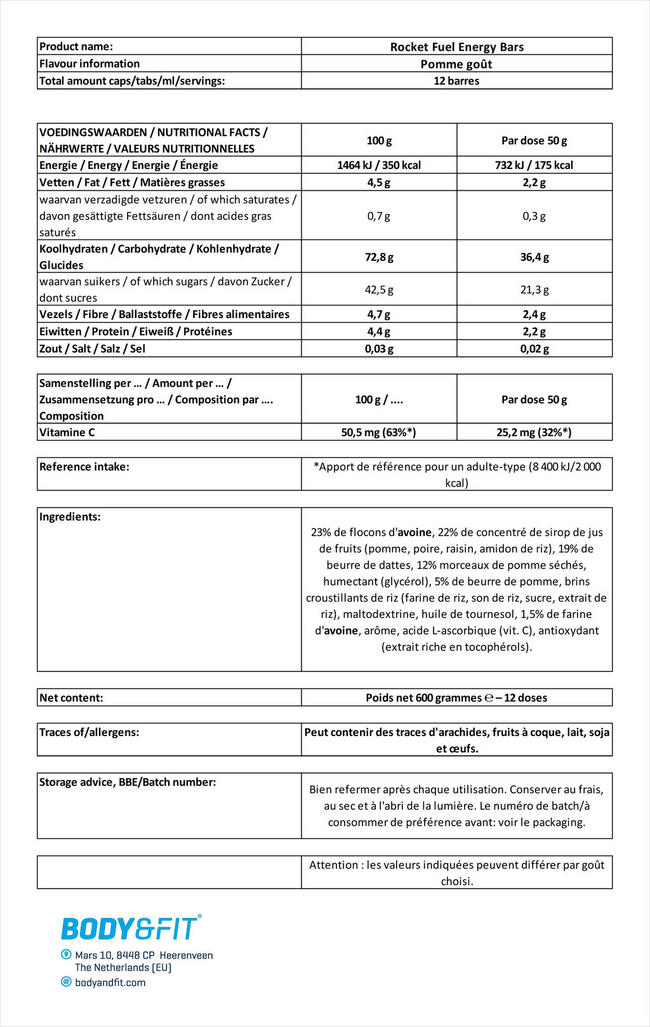 Bar énergétique Rocket Fuel Energy Bar Nutritional Information 1