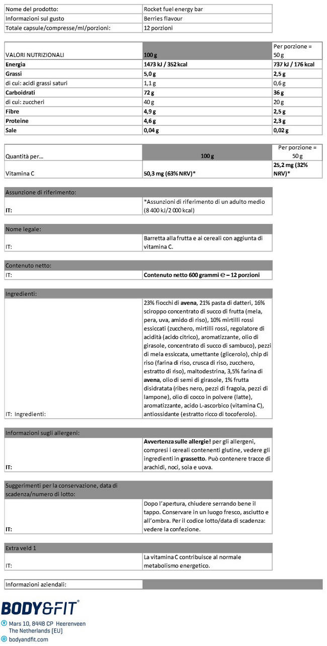 Rocket Fuel Energy Bar Nutritional Information 1