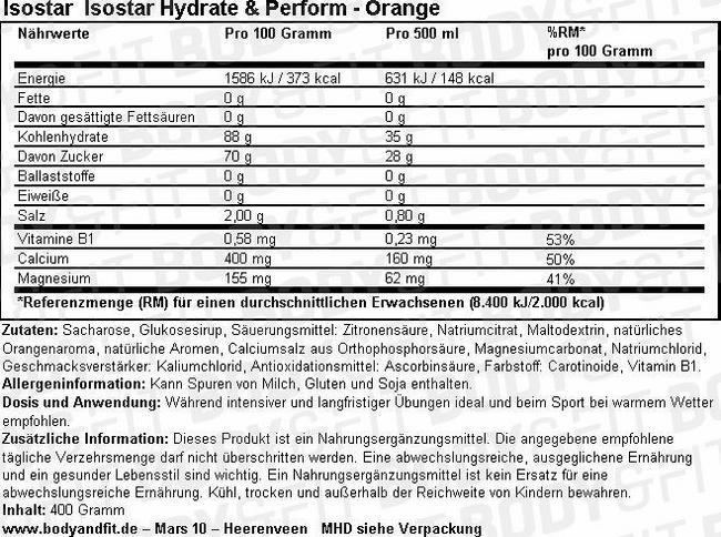 Isostar Hydrate & Perform Nutritional Information 1