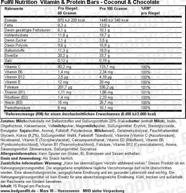 Fulfil Vitamin & Protein Bar Nutritional Information 1