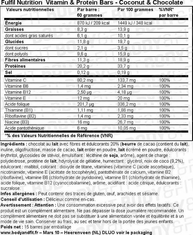 Barre vitamines et protéines Nutritional Information 1