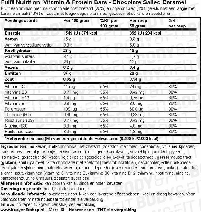 Vitamin & Protein Bar Nutritional Information 1