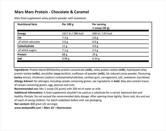 Mars Protein Nutritional Information 1