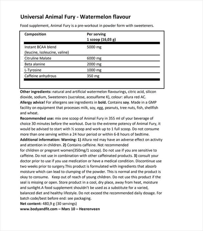 Animal fury Nutritional Information 1