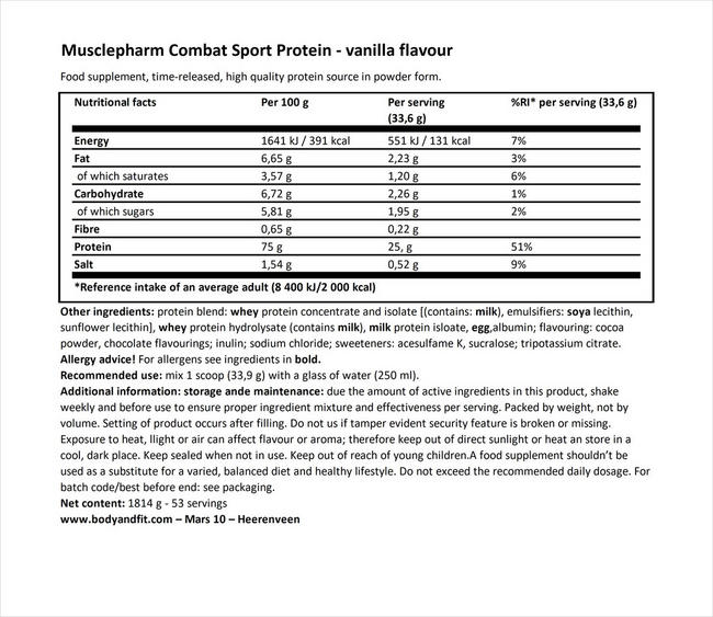 Combat Sport Protein  Nutritional Information 1