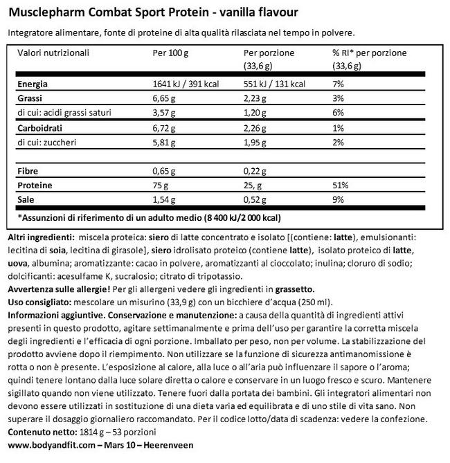 Combat Sport Protein Nutritional Information 1