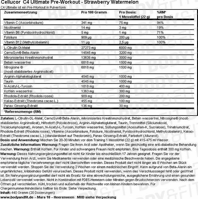 C4 Ultimate Pre-Workout Nutritional Information 1