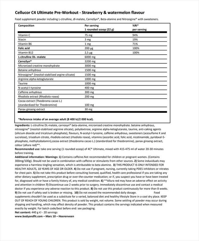 C4 Ultimate Pre-Workout Nutritional Information 1