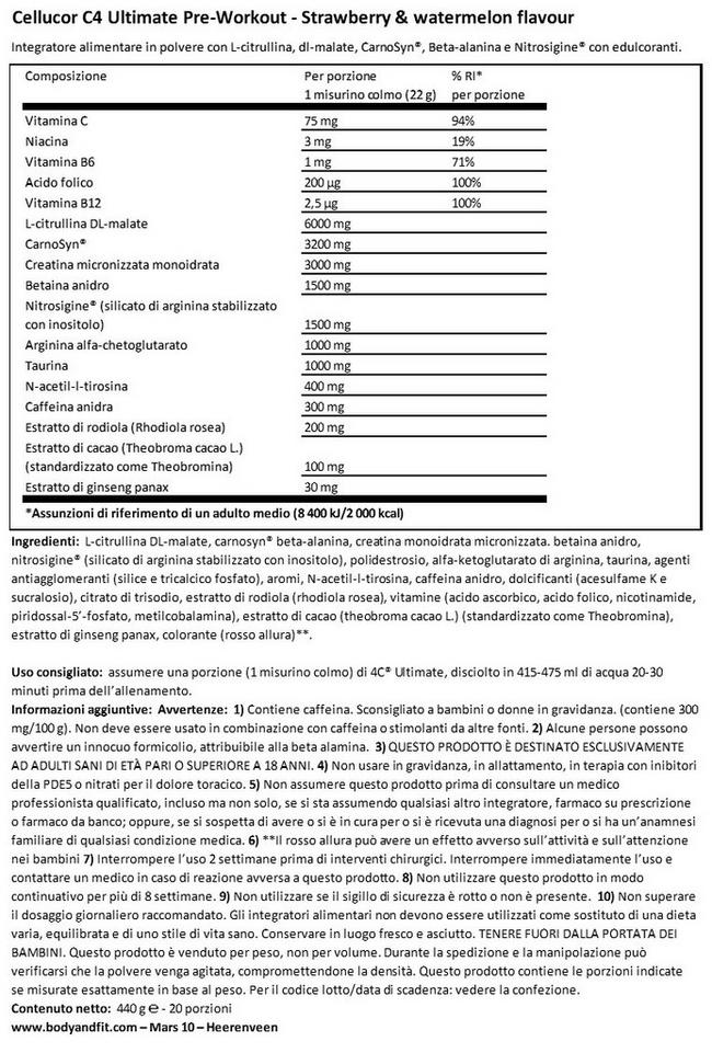 C4 Ultimate Pre-Workout Nutritional Information 1