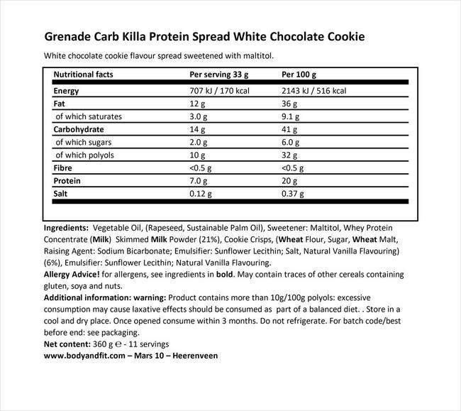 Grenade Carb Killa Spread Nutritional Information 1