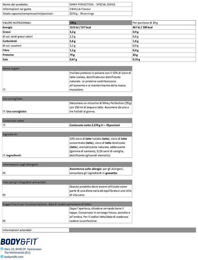 Whey Perfection Special Series Nutritional Information 1