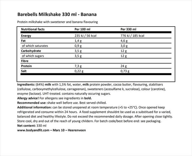 ミルクシェイク Nutritional Information 1